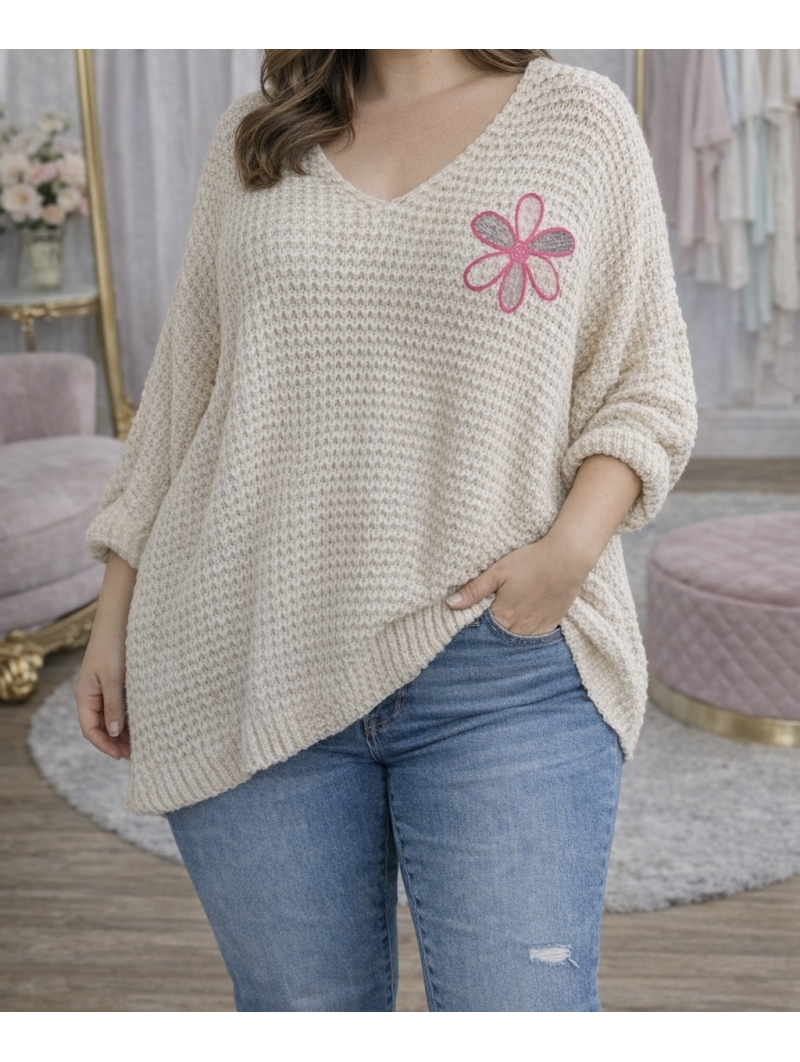 Pull maille nid d'abeille - Fleurs
